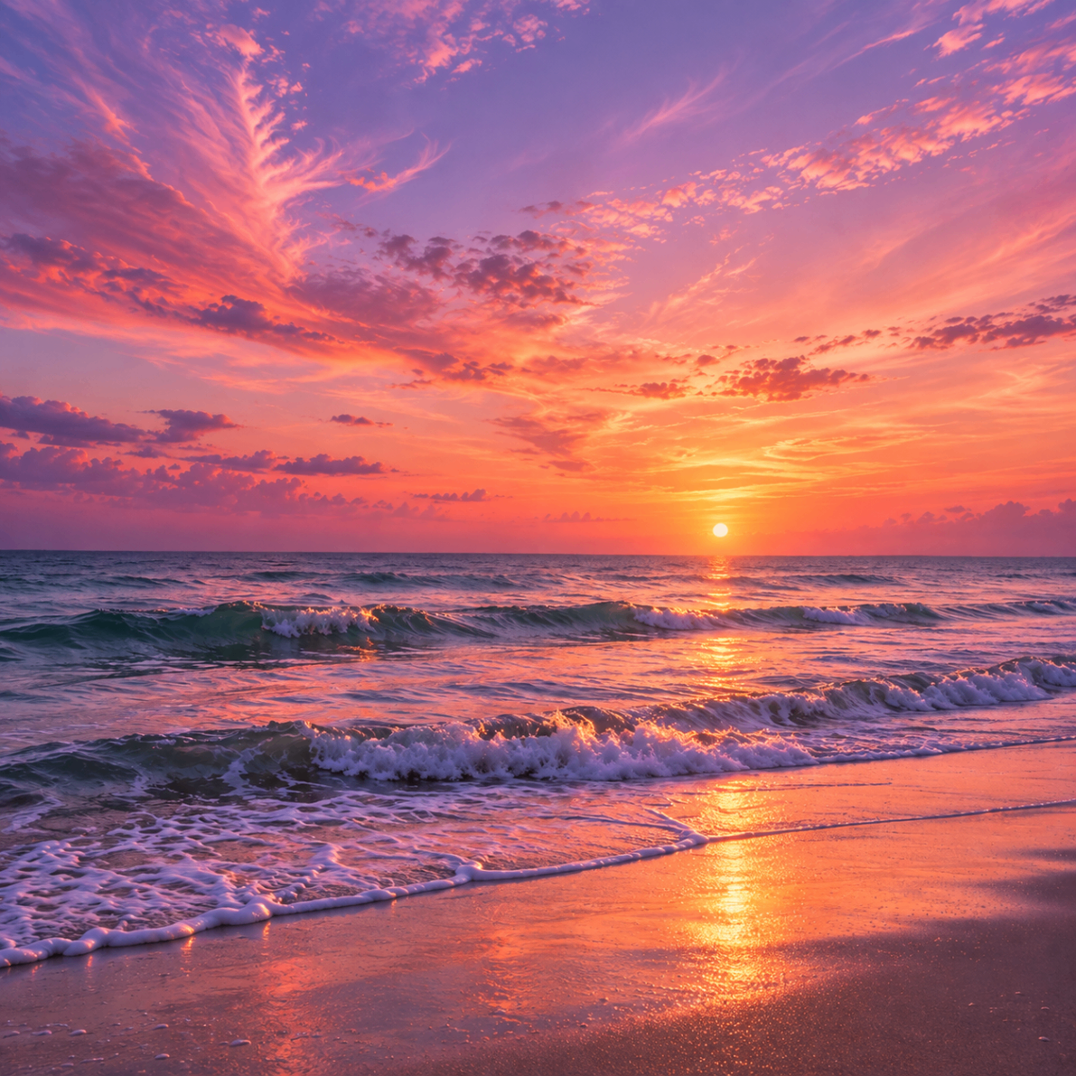 A pink and purple sunset over ocean waves on the shore