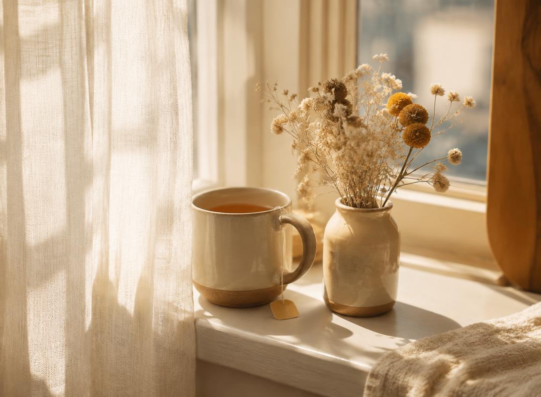 A sunlit windowsill with a mug of tea and dried flowers